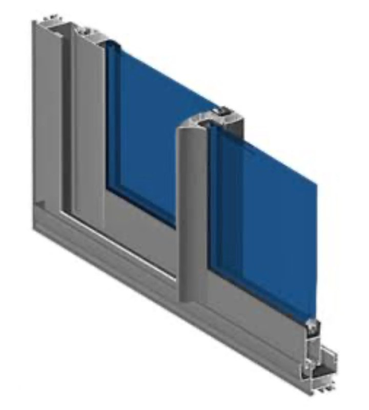 Our sliding aluminium window with blue glass, cut through in 3D: the frame and the two sashes