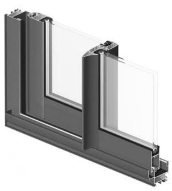 Our sliding aluminium window in a dark finish with clear glass, cut through in 3D