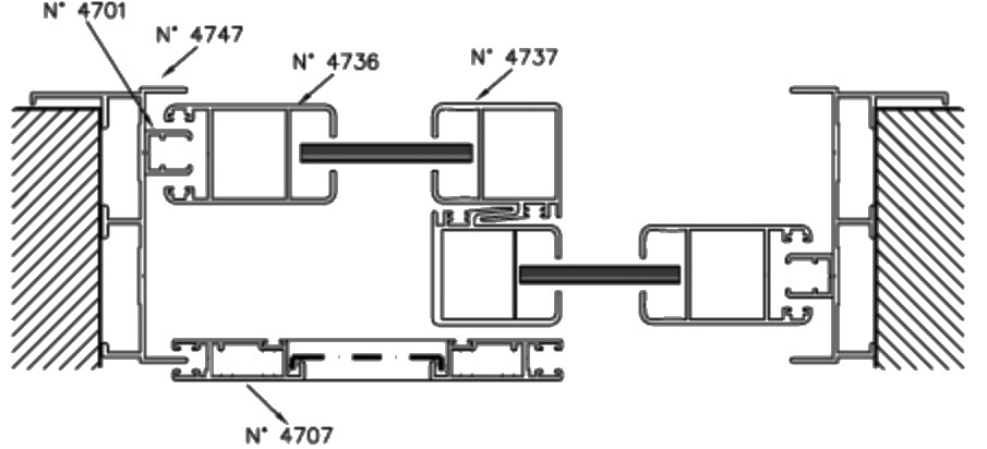 A Sidem 2000 sliding window with its fly screen, cut through: the aluminium profiles of the frame and the two sashes, each with its number